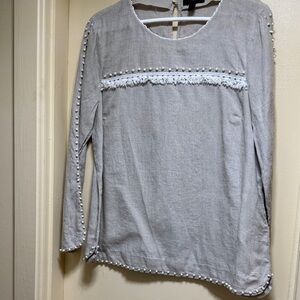 J. Crew Light Gray Blouse with White Lace and Pearl Accents